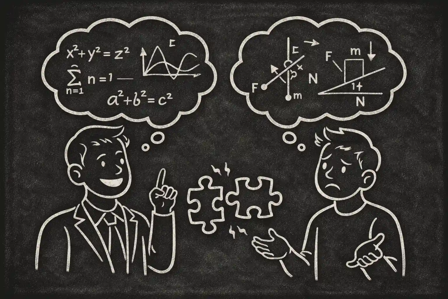 The IQ Switch — two thinkers talking past each other, puzzle pieces that will not meet