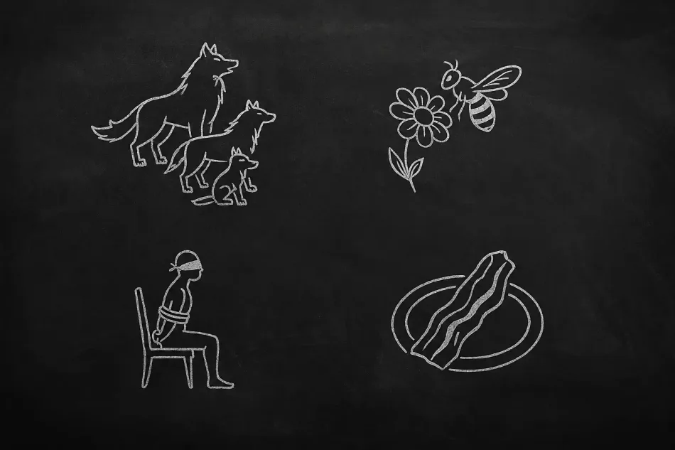 Universal Rules — a wolf pack, a bee and a flower, a blindfolded figure, and a hand of cards